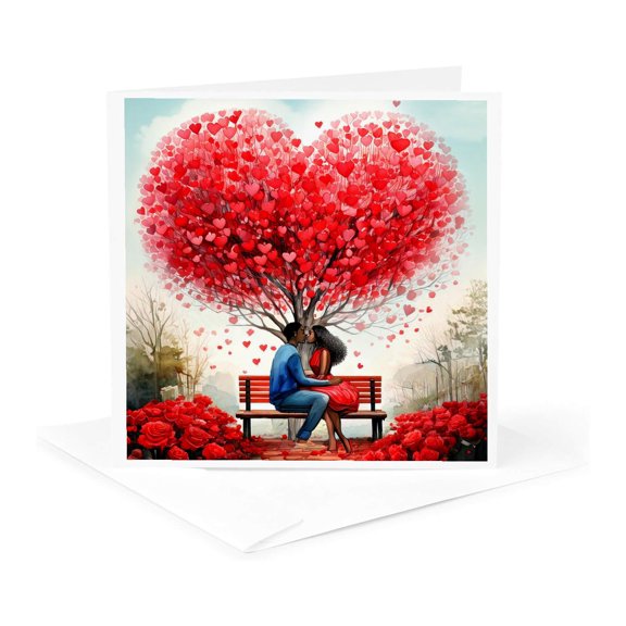 3drose, Heart Shaped Tree with Lovers Kissing on a Bed Surrounded by Roses, 1 Greeting Card with Envelope