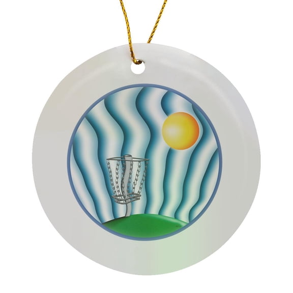 3drose, Heat Wave - a Frisbee Disc Golf Basket Melting in the Hot Summer Sun, Circle Porcelain Ornament
