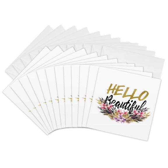 3drose, Hello Beautiful Pink, Purple, and Gold Floral, 12 Greeting Cards with Envelopes