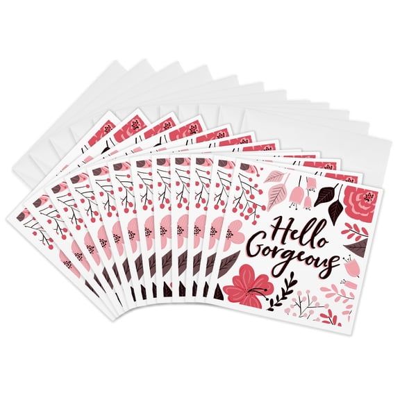 3drose, Hello Gorgeous - Pretty Pink Floral, 12 Greeting Cards with Envelopes