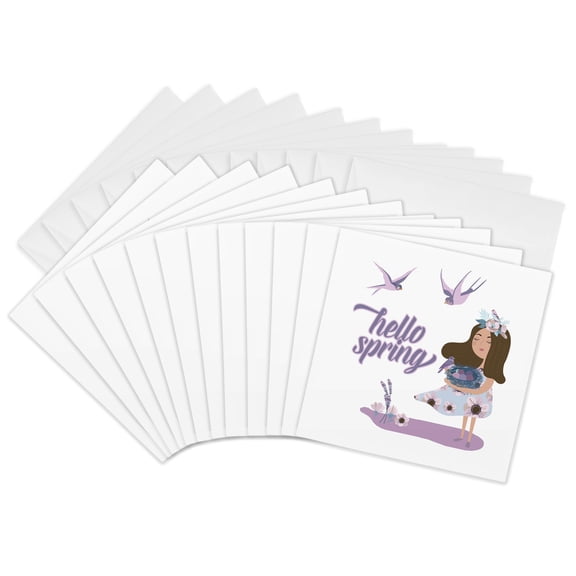 3drose, Hello Spring - Cute Purple Girl and Animal Swallow Bird Illustration, 12 Greeting Cards with Envelopes