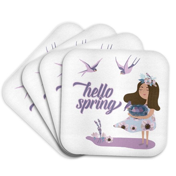 3drose, Hello Spring - Cute Purple Girl and Animal Swallow Bird Illustration, Set of 4 Coasters - Soft