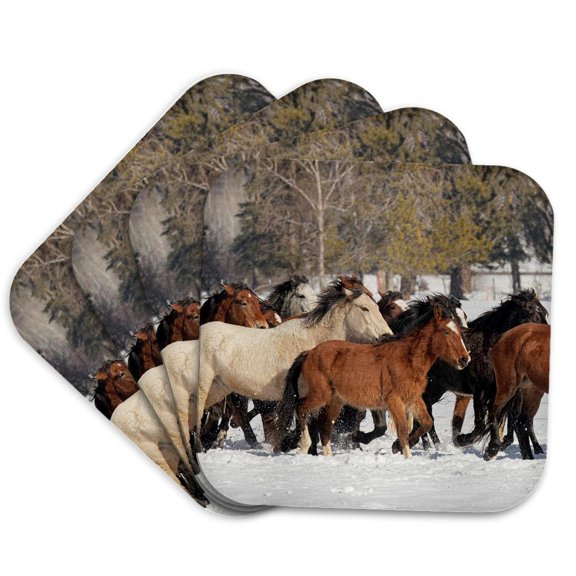 3drose, Her of Wild Horses During Roundup in Winter, Kalispell, Montana, Set of 4 Coasters - Soft
