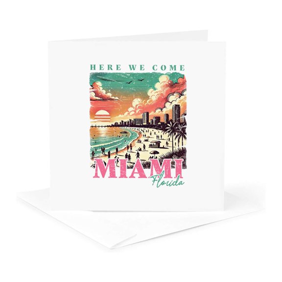 3drose, Here We Come. Miami, Florida Retro Style Design. Summer, Beach Gift, 1 Greeting Card with Envelope