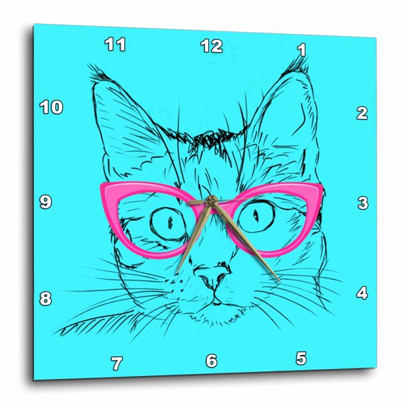 3drose, Hipster Cat with Pink Glasses, 10x10 Wall Clock