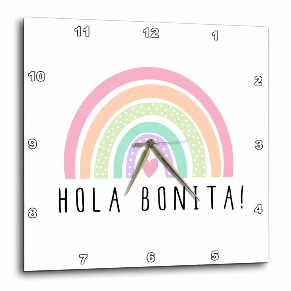 3drose, Hola Bonita - Hello Pretty Lady or Girl in Spanish - Cute Rainbow, 13x13 Wall Clock