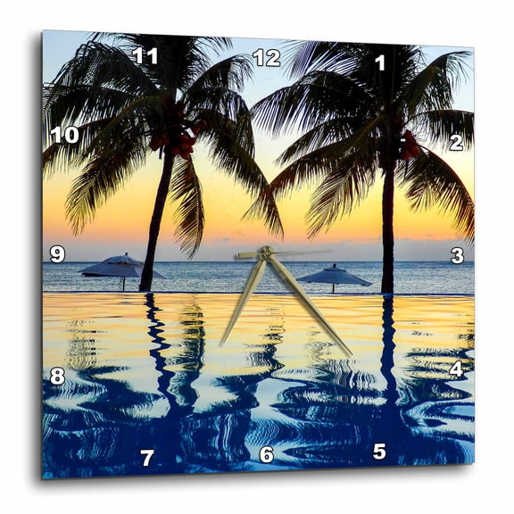 3drose, Honduras, Roatan. Infinity Pool Surrounded by Palm Trees at Sunset., 15x15 Wall Clock