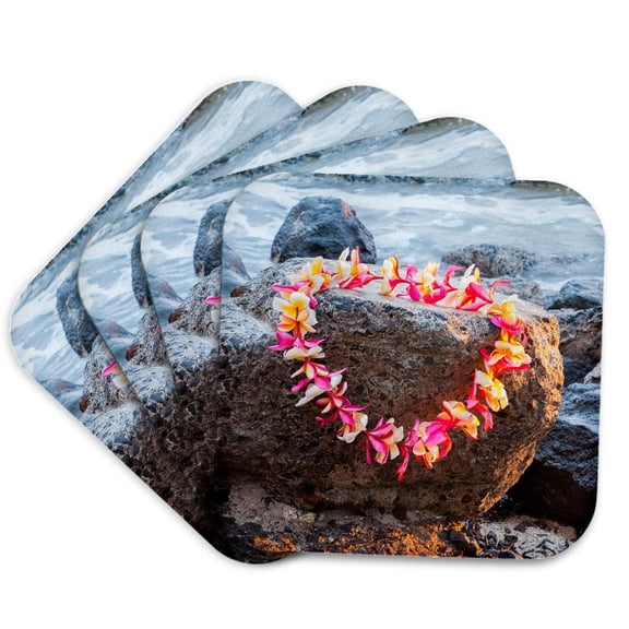 3drose, Honolulu, Hawaii, Oahu. Waikiki Beach Lei on Surf Rocks., Set of 4 Coasters - Soft