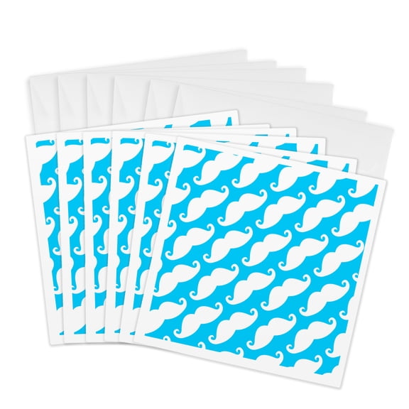3drose, Horizontal Mustache Print Blue with White Mustache, 6 Greeting Cards with Envelopes