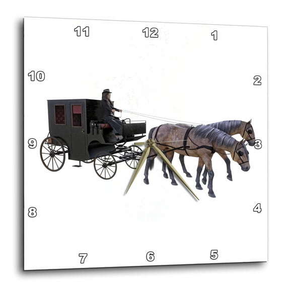 3drose, Horse Drawn Carriage with Two Horses and a Female Driver, 15x15 Wall Clock