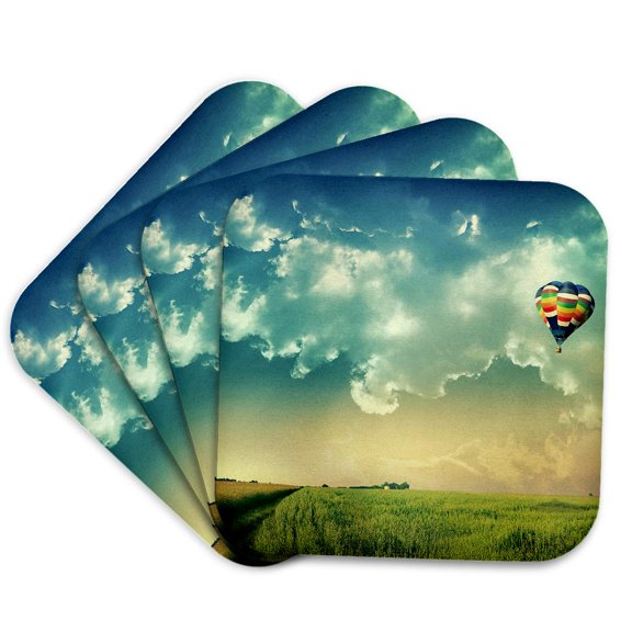 3drose, Hot Air Balloon Scene, Blue Sky, Green Grass, Set of 4 Coasters - Soft