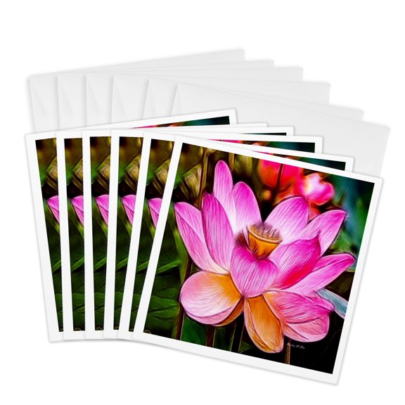 3drose, Hot Pink Lotus, 6 Greeting Cards with Envelopes