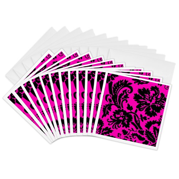 3drose, Hot Pink and Black Damask - Large Print Stylish Floral - Bold Sassy Modern Classy Girly Girl Pattern, 12 Greeting Cards with Envelopes