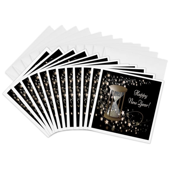 3drose, Hour Glass Years Falling, Happy New Year, 2016, Cascading Stars, Black, 12 Greeting Cards with Envelopes