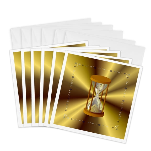 3drose, Hour Glass Years Falling, Happy New Year, 2016, Gold Snowflake Frame, 6 Greeting Cards with Envelopes