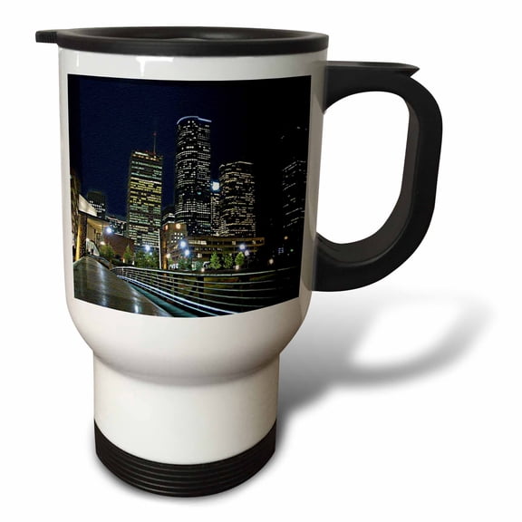 3drose, Houston Downtown Cityscape at Night, Texas, Textured Artwork Photo, 14oz Stainless Steel Travel Mug