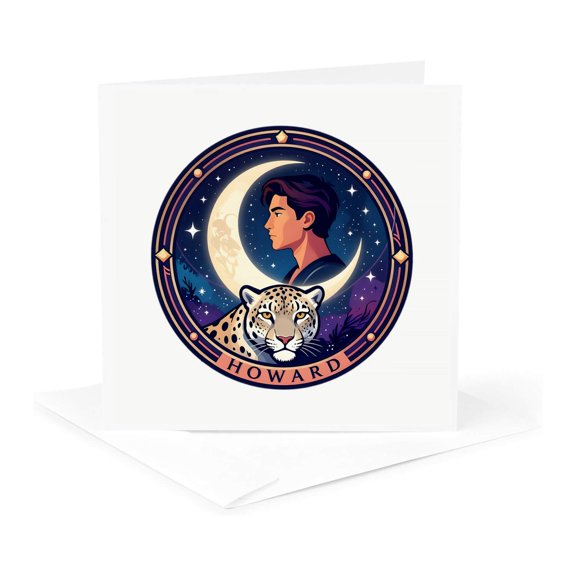 3drose, Howard Male Name, Moon, Man, Snow Mountain Leopard Head. Artsy Gift, 1 Greeting Card with Envelope