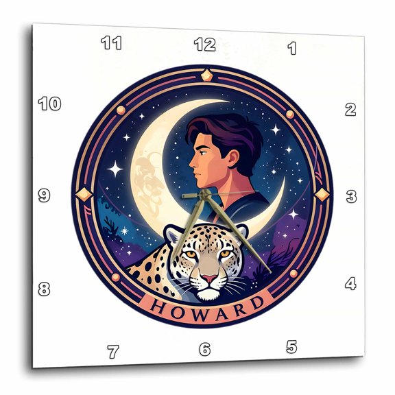 3drose, Howard Male Name, Moon, Man, Snow Mountain Leopard Head. Artsy Gift, 15x15 Wall Clock