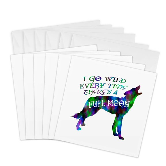 3drose, Howling Wolf Design- Full Moon in Colorful Blue Green Watercolor, 6 Greeting Cards with Envelopes