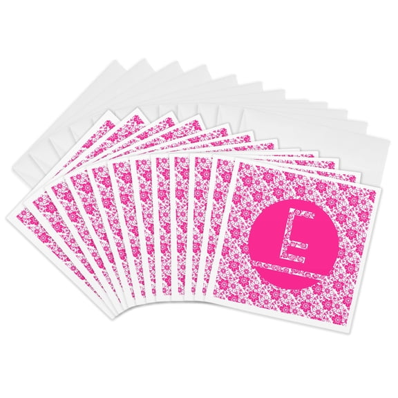 3drose, Hoy Pink Girly Floral Monogram Letter E, 12 Greeting Cards with Envelopes