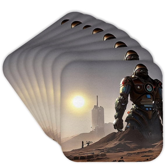 3drose, Huge Fantasy Industrial Robot on Mars in the Morning Digital Art Gift, Set of 8 Coasters - Cork