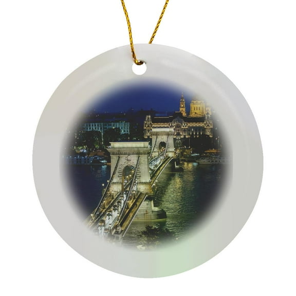3drose, Hungary, Budapest, Chain Bridge, Danube River - Eu13 Jen0102 - Jim Engelbrecht, Circle Porcelain Ornament