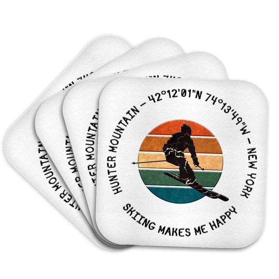 3drose, Hunter Mountain, New York. Man Skier on White. Alpine Skiing, America, Set of 4 Coasters - Cork