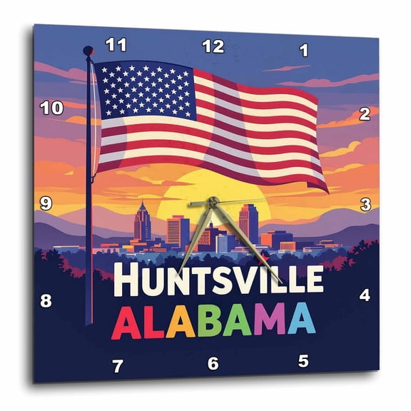 3drose, Huntsville Alabama. the American Flag, Sunset. Patriotic Art Gift, 10x10 Wall Clock
