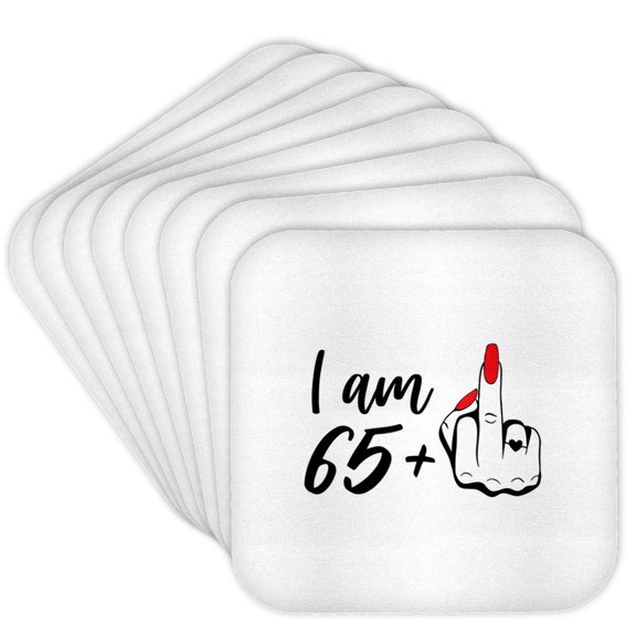 3drose, I Am Sixty Five Plus One, Female Finger, Amusing Sarcastic Birthday, Set of 8 Coasters - Soft