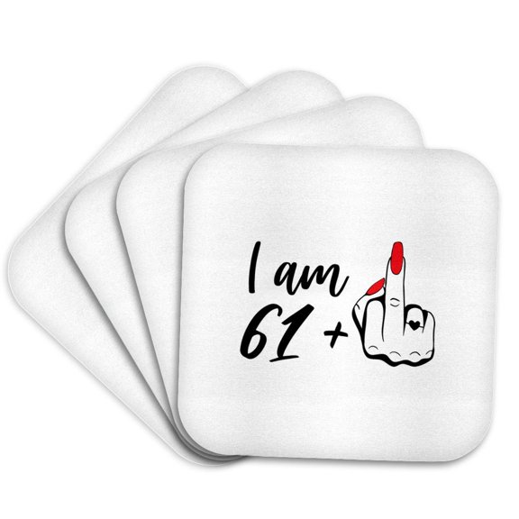 3drose, I Am Sixty One Plus One, Female Finger, Cheery Sarcastic Birthday, Set of 4 Coasters - Soft