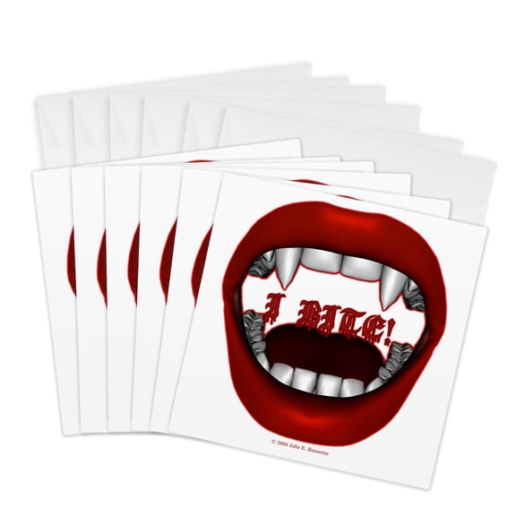 3drose, I Bite Vampire Goth Fangs Mouth Design on White Background, 6 Greeting Cards with Envelopes