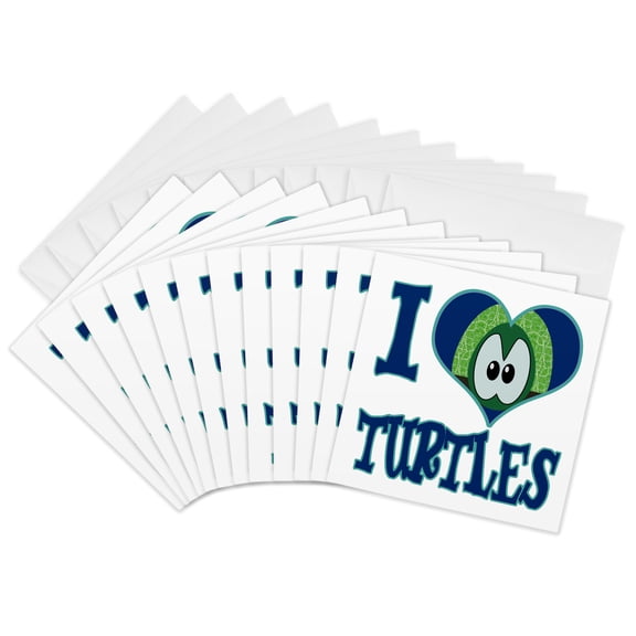 3drose, I Heart Love Turtles Cartoon, 12 Greeting Cards with Envelopes