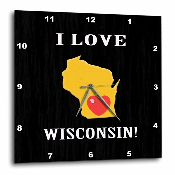 3drose, I Love Wisconsin with a Heart on the State, Yellow, Black and Red, 15x15 Wall Clock