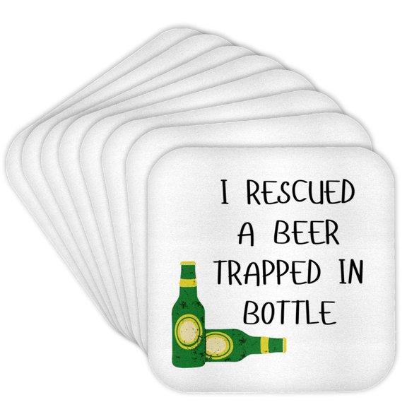 3drose, I Rescued a Beer Trapped in a Bottle Funny Quote, Set of 8 Coasters - Soft