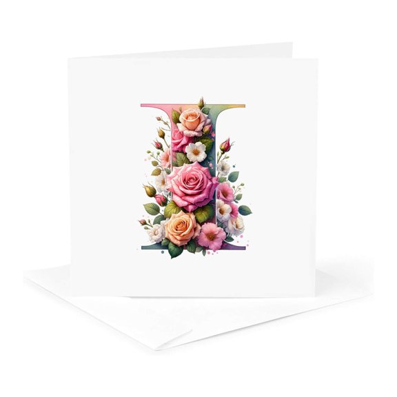 3drose, Ideally Chic Letter I. Floral Monogram, Decorated with Rose Flowers, 1 Greeting Card with Envelope