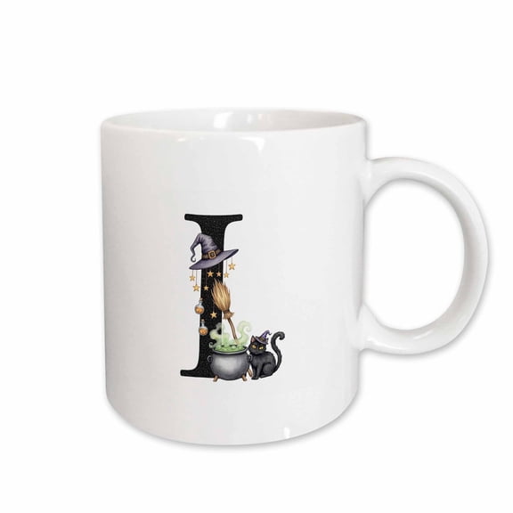 3drose, Ideally Chic Letter I. Halloween Monogram, Broom, Wizard Hat, Cat, 11oz Mug