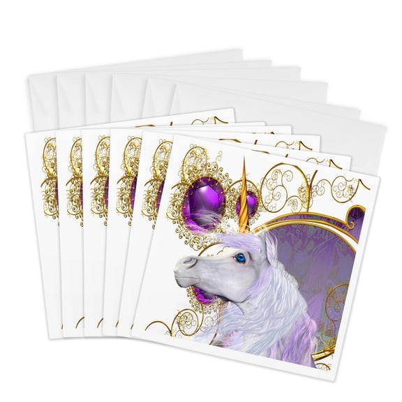 3drose, If You like Unicorns Our Beautiful White Unicorn with Gem Background Will Brighten Your Day, 6 Greeting Cards with Envelopes