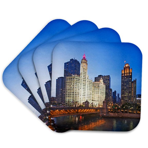 3drose, Illinois, Chicago. Downtown Skyscrapers Light up at Dusk., Set of 4 Coasters - Soft