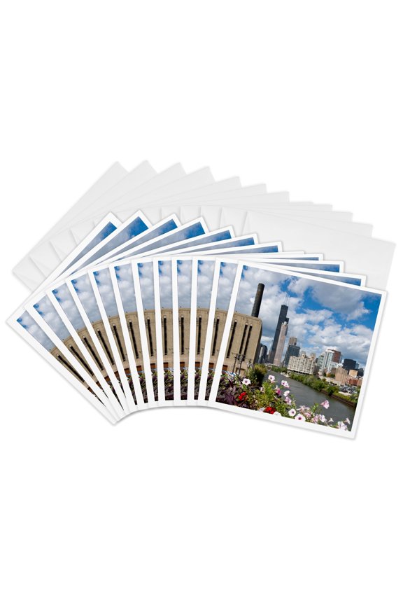, Illinois, Chicago Skyline and River Looking North, 12 Greeting Cards with Envelopes