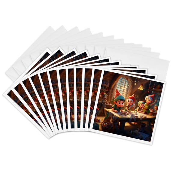 3drose, Illustration of a Group of Elves Having Fun Working in the Workshop., 12 Greeting Cards with Envelopes