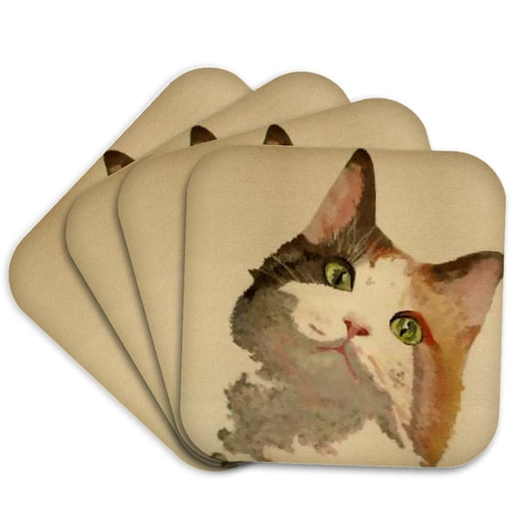 3drose, Im All Ears - Animal, Calico, Calico Cat, Cat, Cats, Kitten, Pet, Set of 4 Coasters - Cork