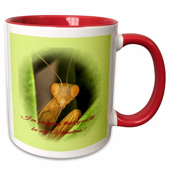 3drose, Im Praying That Youll Be My Valentine Greeting with Praying Mantis Art, 11oz Two-tone Red Mug