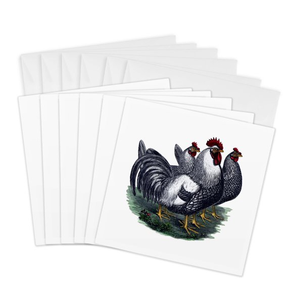 3drose, Image of 3 Black and White Roosters on Grass Patch, 6 Greeting Cards with Envelopes