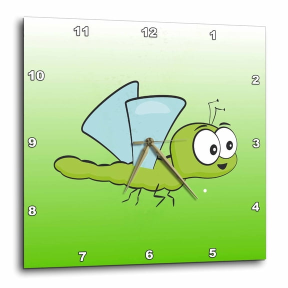3drose, Image of Adorable Cartoon Dragon Fly on Green Gradient, 15x15 Wall Clock