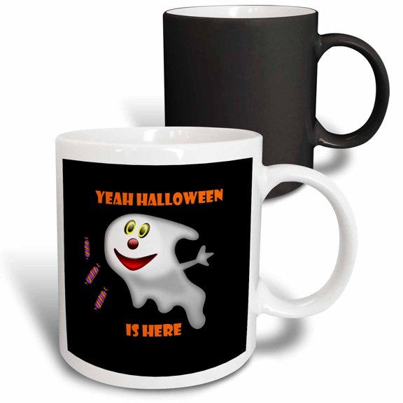 3drose, Image of Adorable Ghost with Candy Says Yeah Halloween Is Here, 11oz Magic Transforming Mug