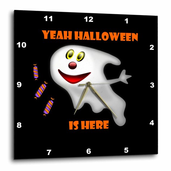 3drose, Image of Adorable Ghost with Candy Says Yeah Halloween Is Here, 15x15 Wall Clock