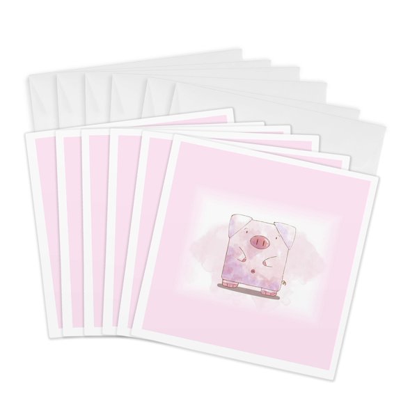 3drose, Image of Adorable Pink Square Pig Cartoon on Gradient Pink, 6 Greeting Cards with Envelopes