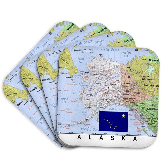 3drose, Image of Alaska Topographic Map N State Flag, Set of 4 Coasters - Soft