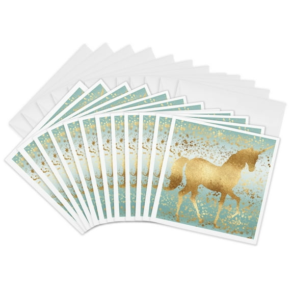 3drose, Image of Aqua Gold Stars Confetti Unicorn, 12 Greeting Cards with Envelopes