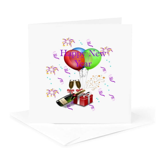 3drose, Image of Balloons Champagne Glasses and Gift Say Happy New Year, 1 Greeting Card with Envelope
